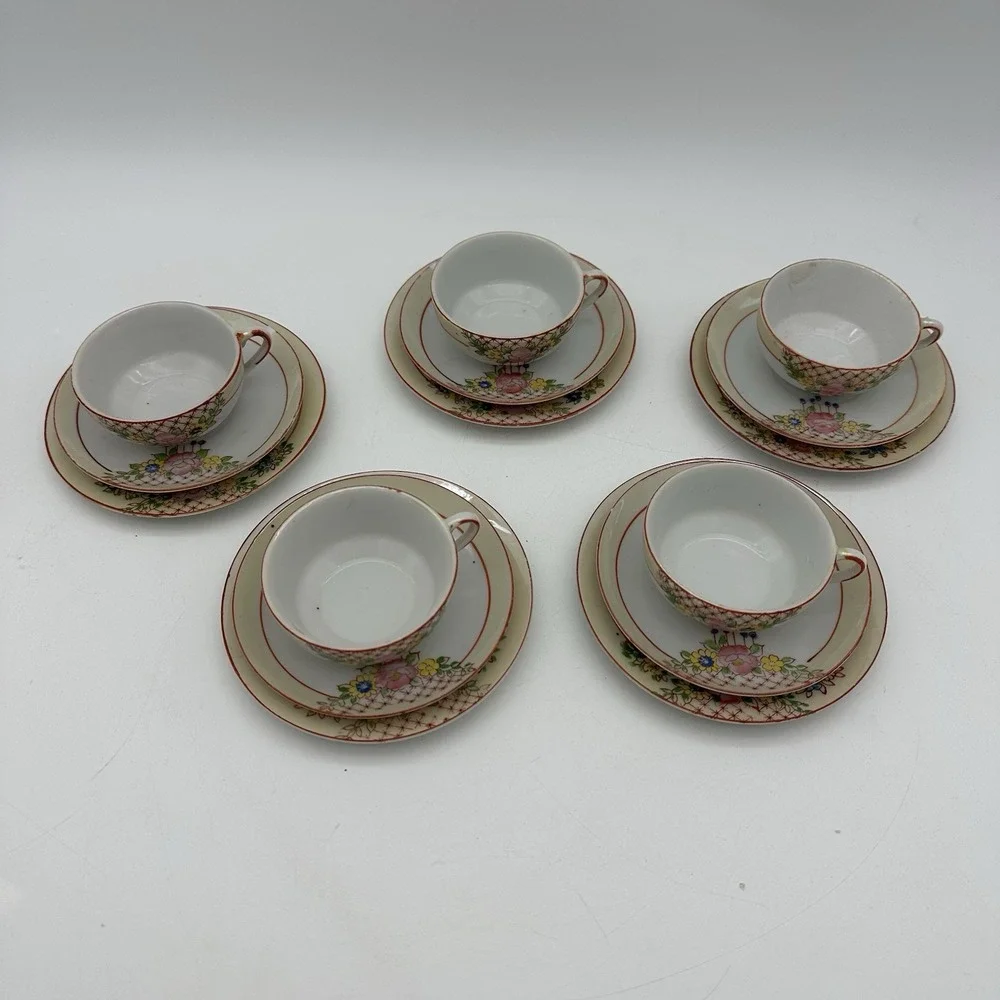 Vintage China Floral Demitasse Cup & Saucer 5 Sets Mini Red Trim Childs Tea Size